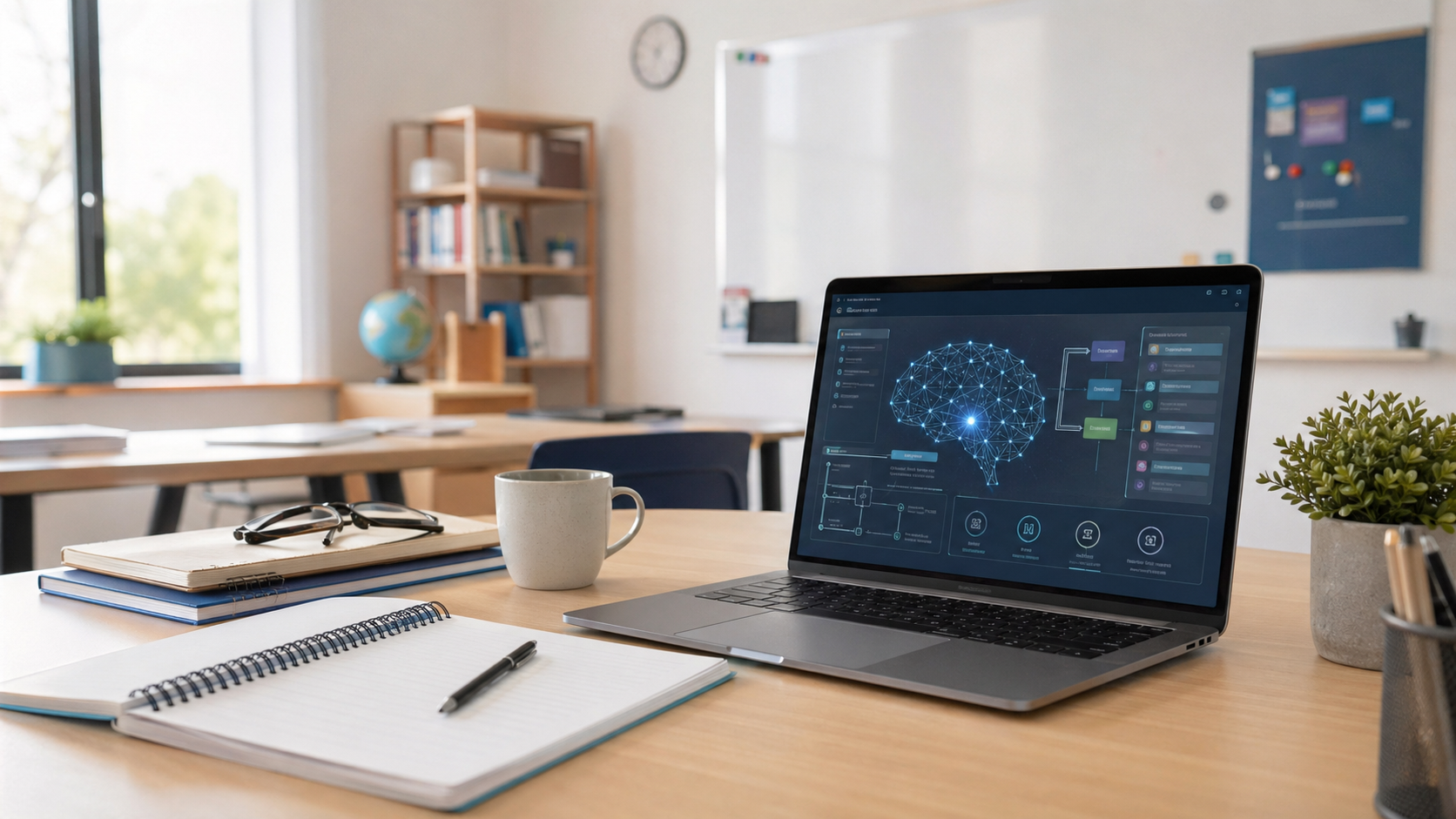 Mesa de trabajo docente con ordenador y recursos de inteligencia artificial.